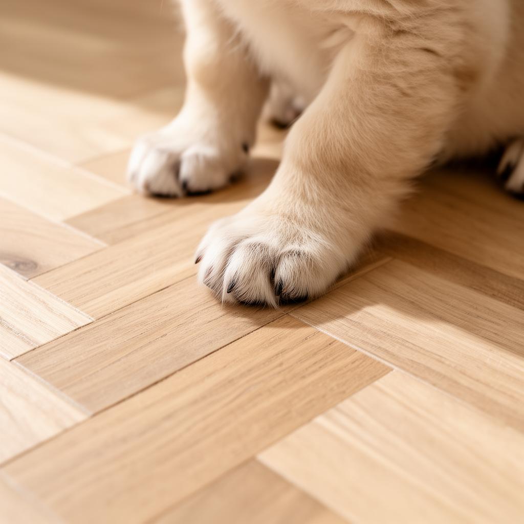 Puppy paws on a herringbone wood floor